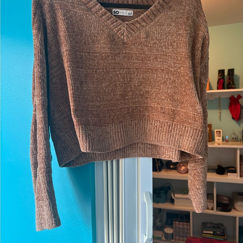 SO V-Neck Brown Chenille Knit Sweater